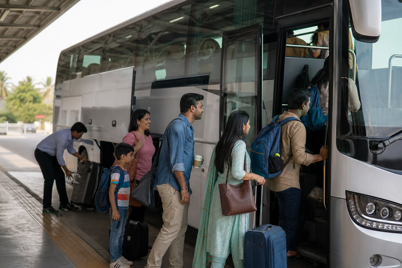 Travellers boarding a premium intercity coach at a modern Indian bus terminal