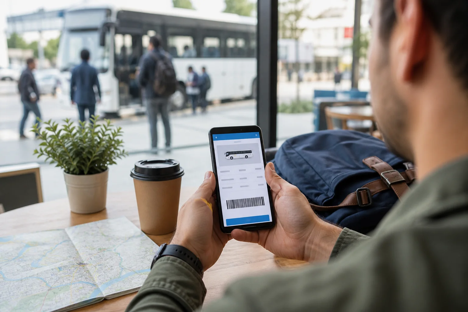 Traveller checking a digital intercity bus ticket on a smartphone