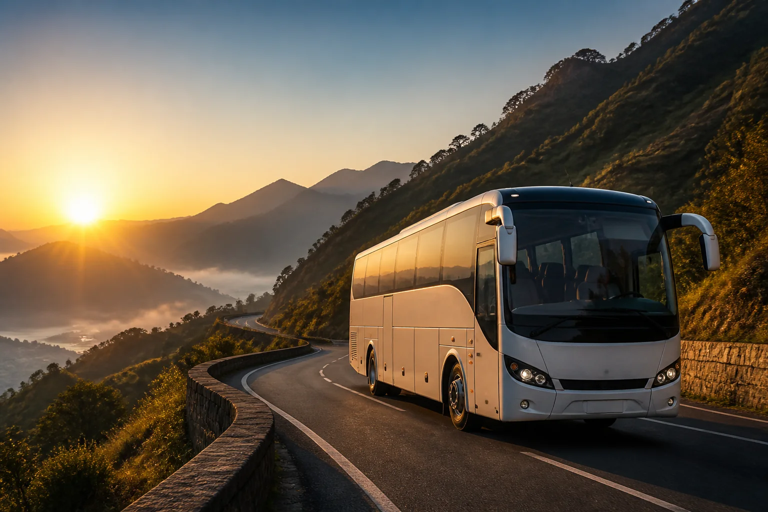Premium intercity coach travelling through mountain roads at sunrise