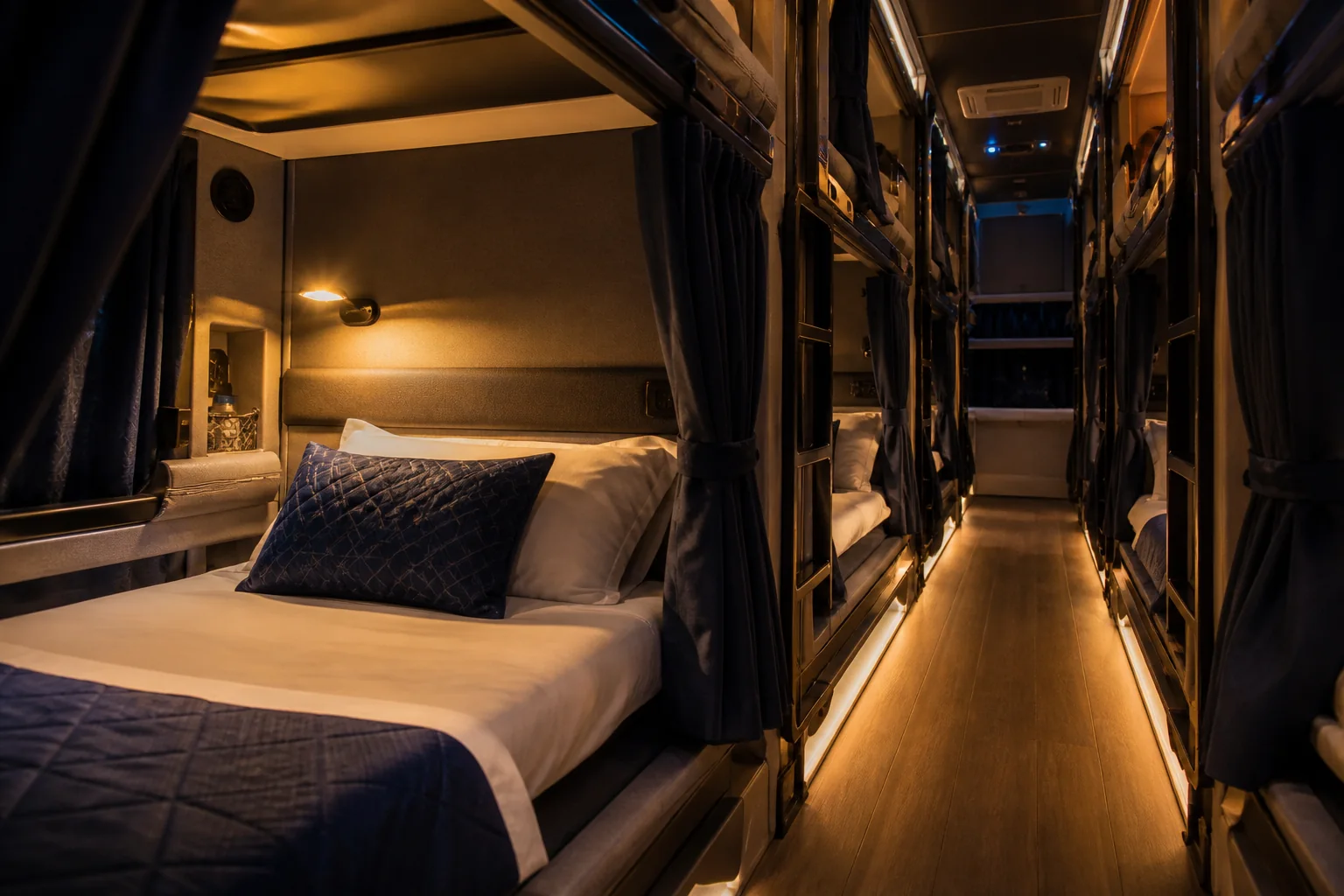 Private premium sleeper berths with warm reading lights