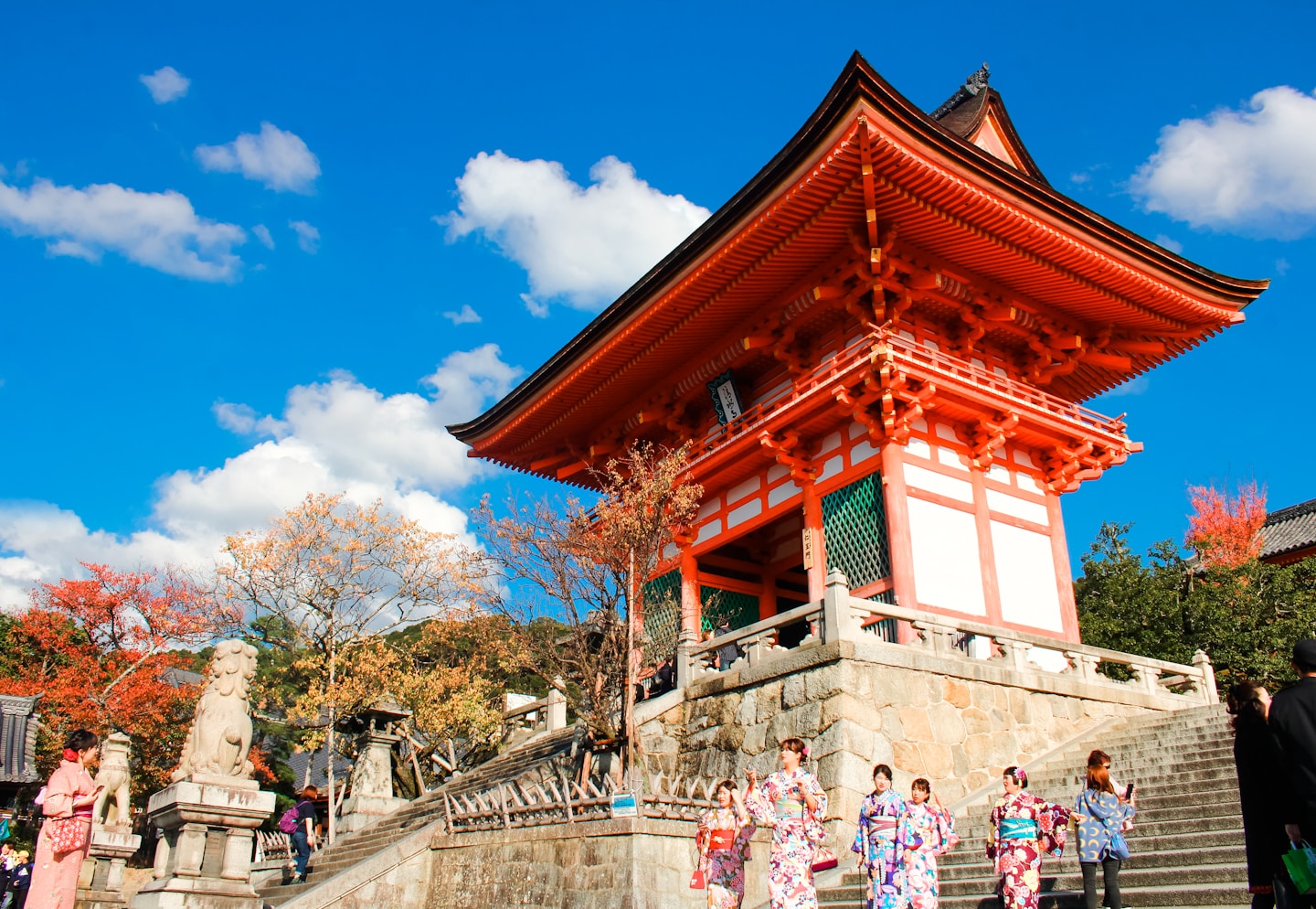 Kiyomizu-dera temple gate in Kyoto photographed under a clear blue sky