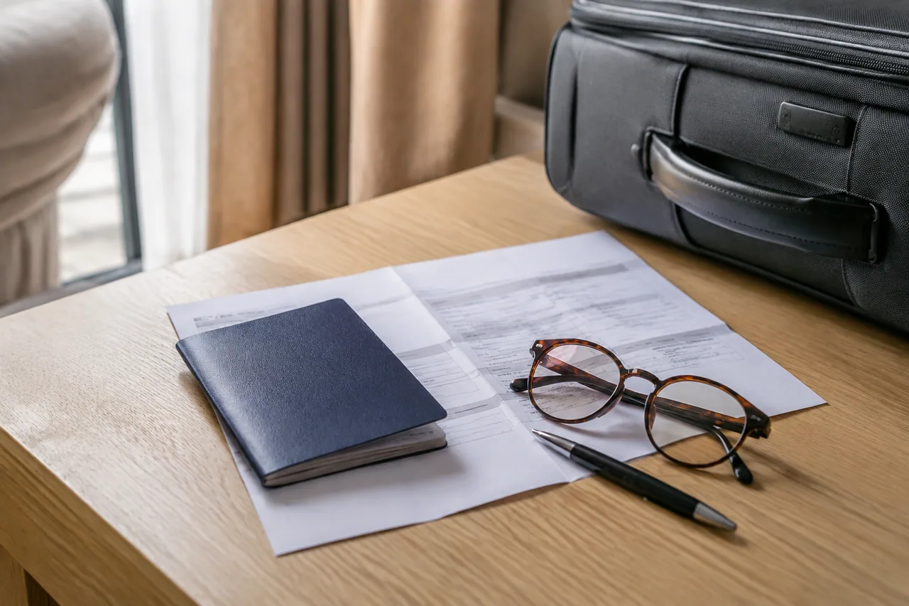 Travel documents and a pen beside a cabin bag during trip preparation