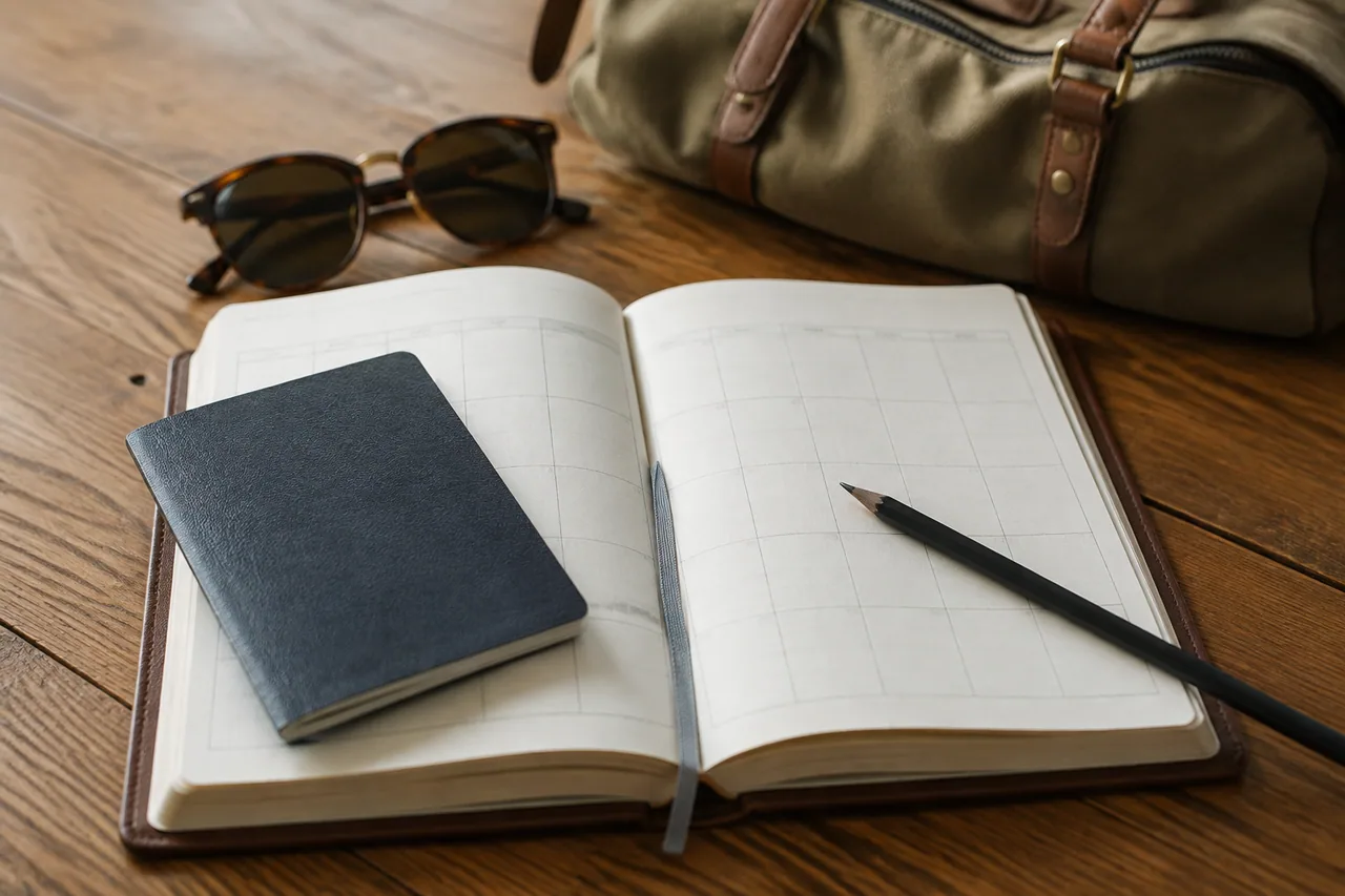 Travel planner, notebook and passport laid out before a trip