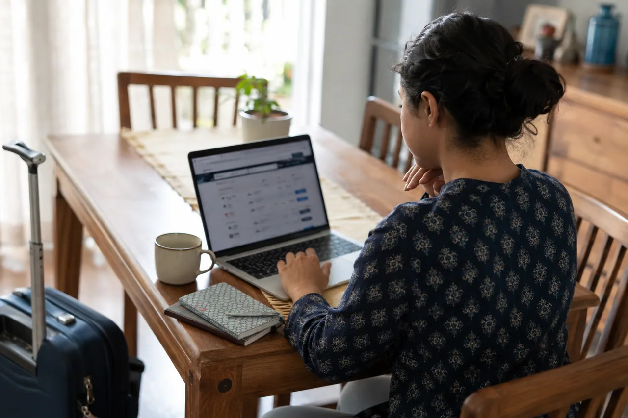 Traveller comparing flight options on a laptop at home
