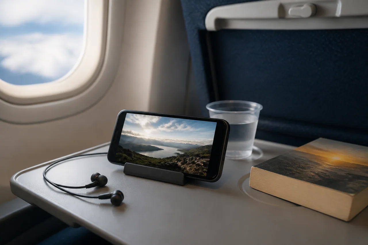 Phone, wired earphones and a book on an aircraft tray table
