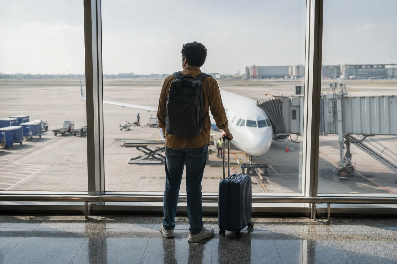 Traveller with a cabin suitcase looking towards an aircraft at the airport