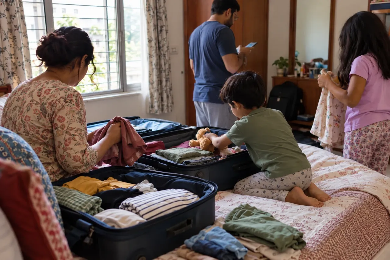 A family packing suitcases together on a bed before a holiday