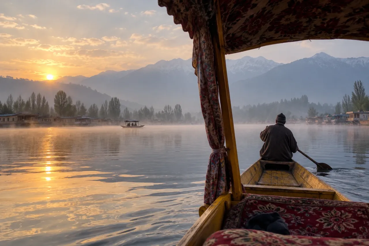 A wooden shikara boat on Dal Lake in Srinagar in soft morning light