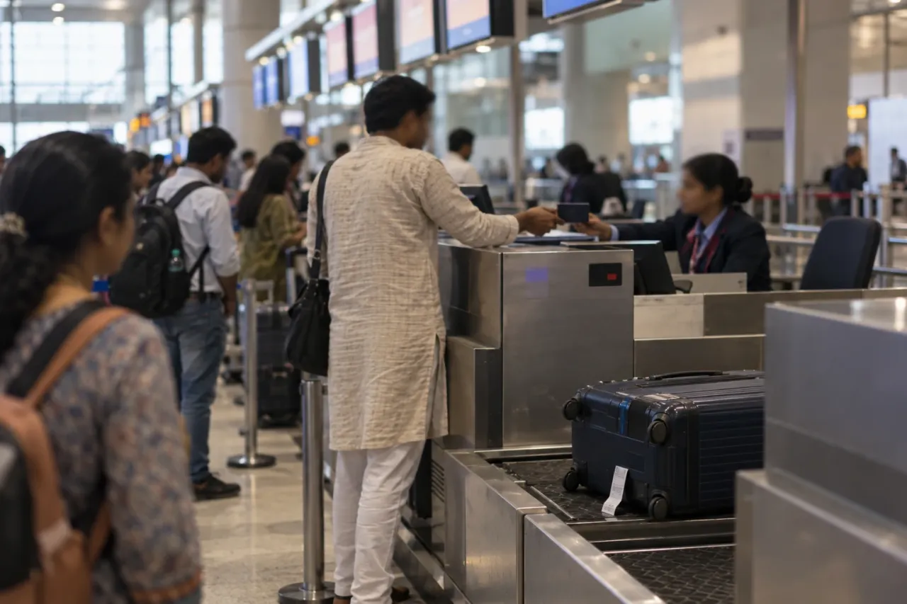 A passenger handing over a passport at an airline check-in counter, suitcase on the belt