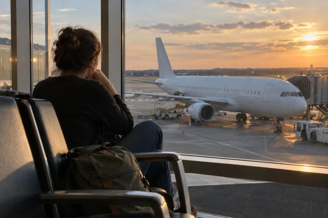 A traveller waiting at an airport gate, looking out at a parked plane through the window