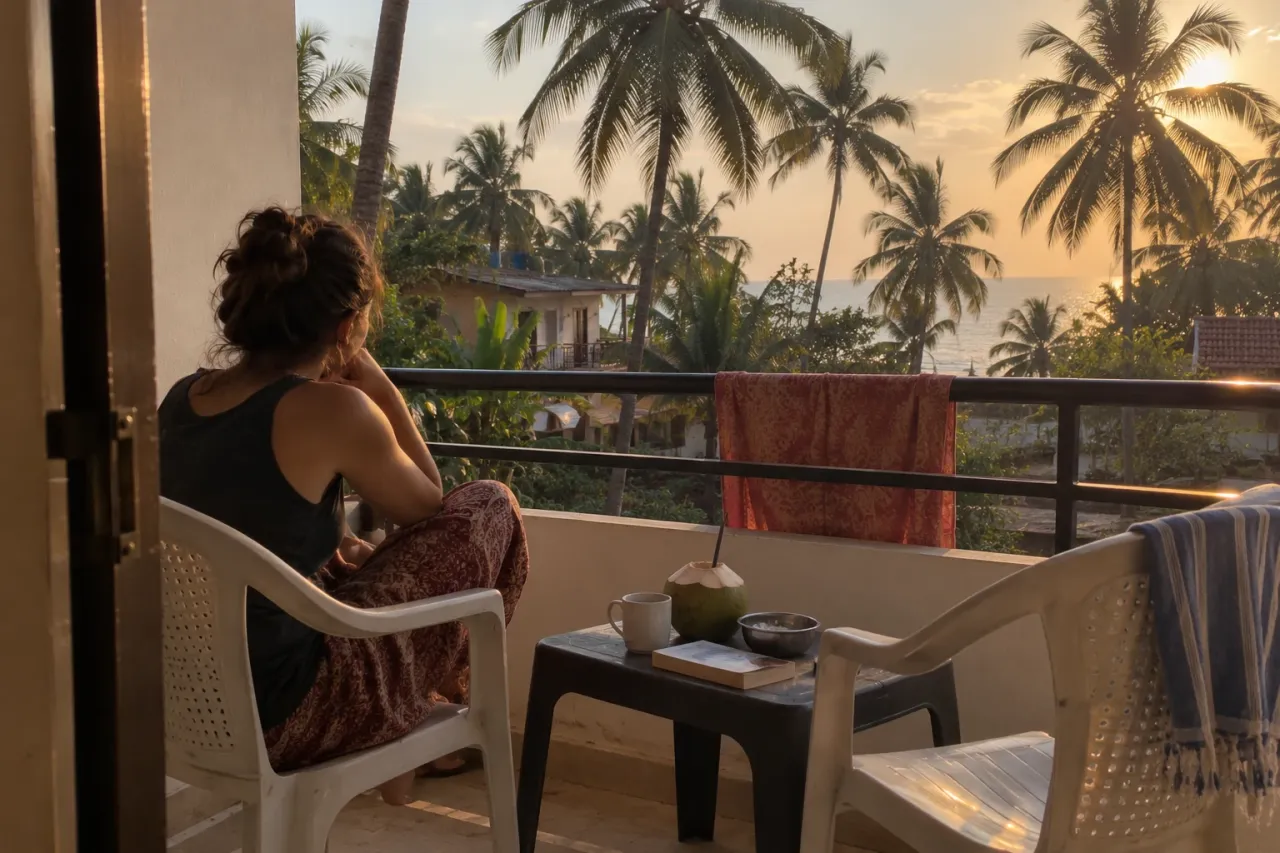 A small hotel balcony in Goa with palm trees and a glimpse of the sea