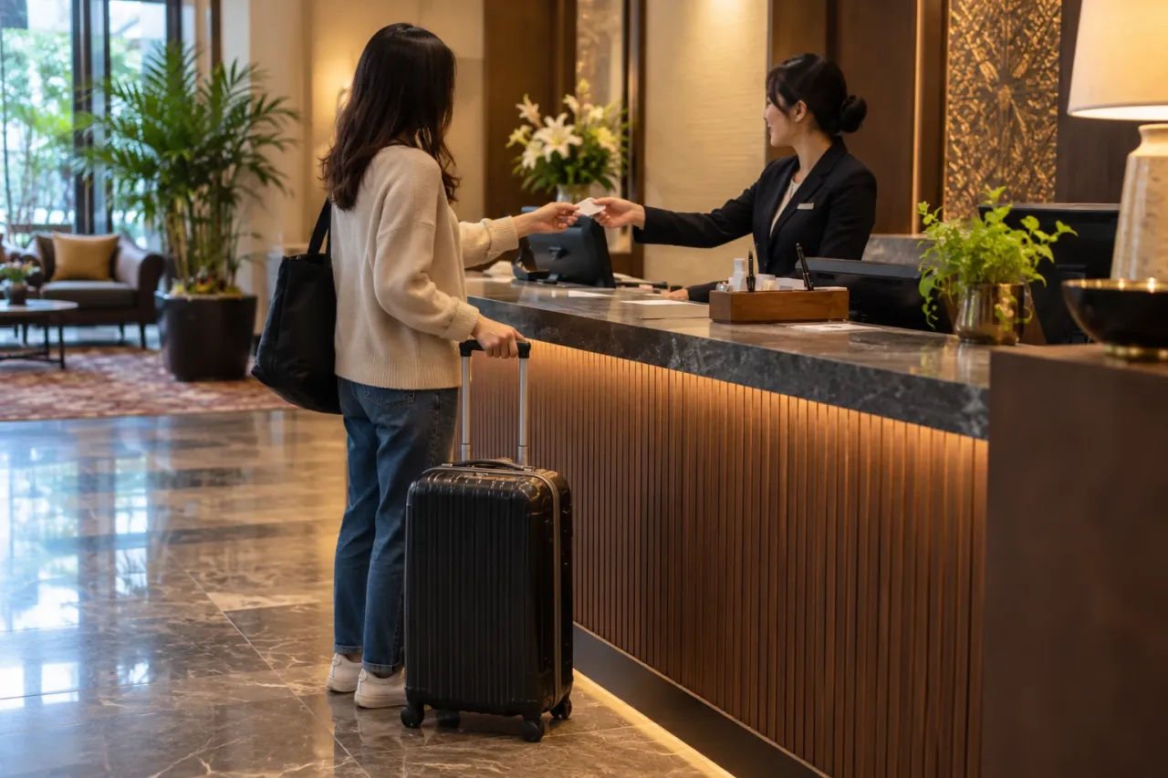 A hotel receptionist handing a key card to a guest across the front desk