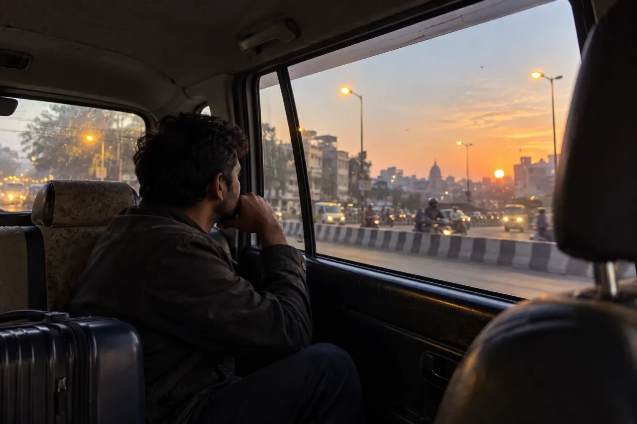 A man in a taxi at dawn with a suitcase, on the way to the airport