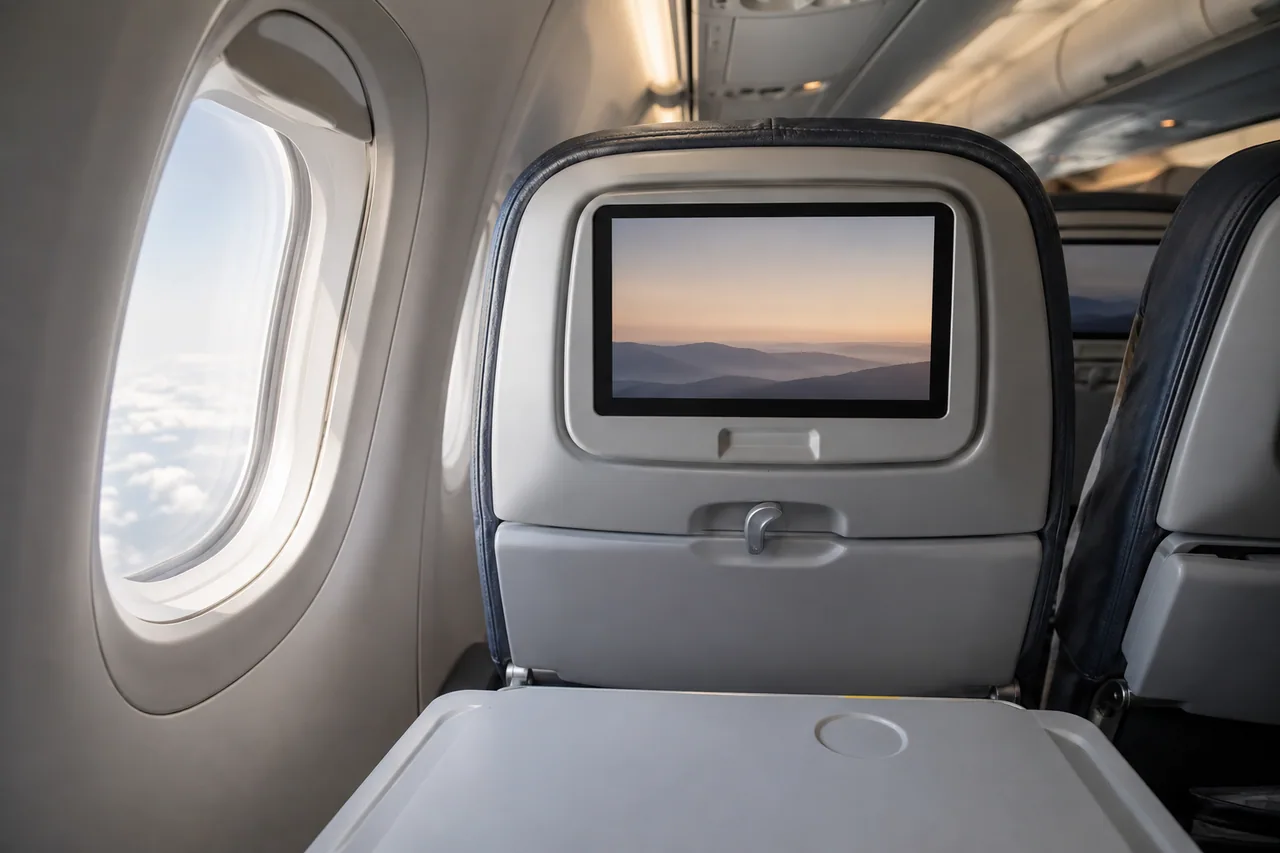 Aircraft economy seat with an inset entertainment screen and tray table