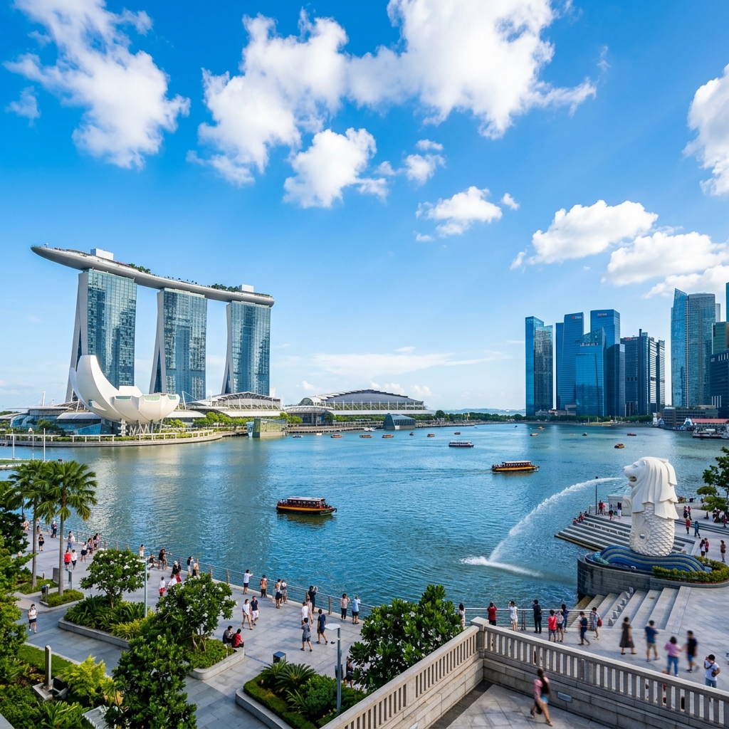 Marina Bay Sands, Merlion and Singapore skyline under a bright blue sky