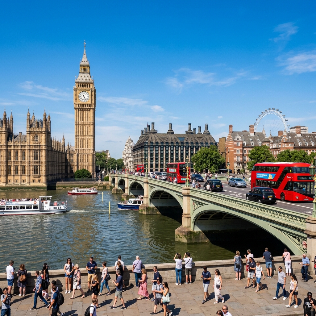 Big Ben, Westminster Bridge and red buses in London on a sunny day